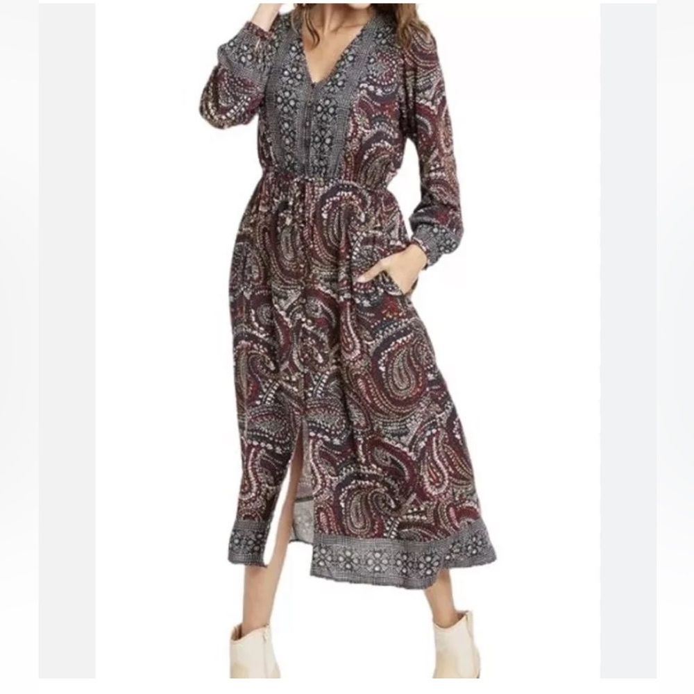 Knox Rose Womens V-Neck Tie Waist Boho Paisley Maxi Dress Size XL Long Sleeve